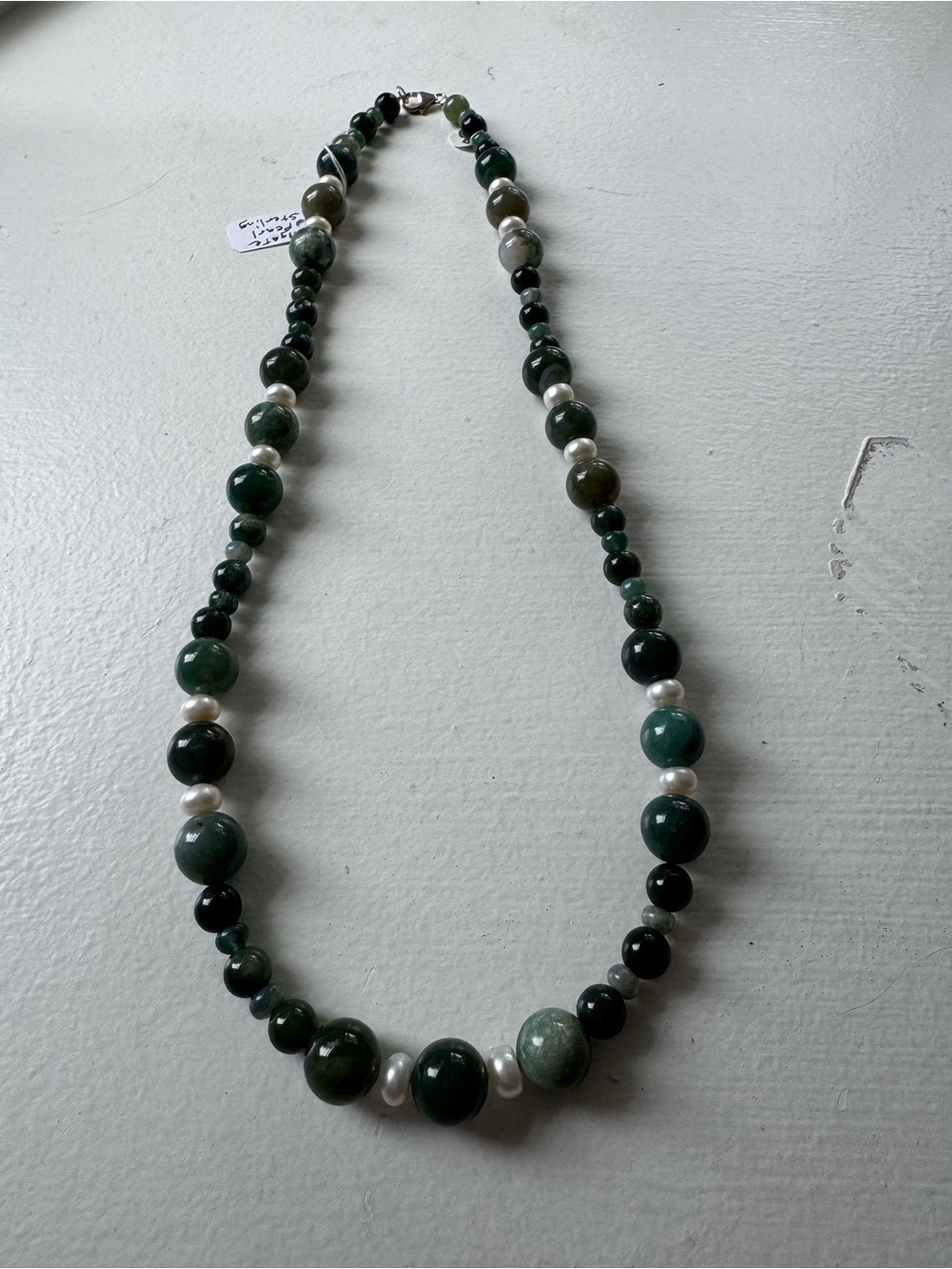 Agate and Pearl Beaded Necklace w Sterling Silver clasp - 24”